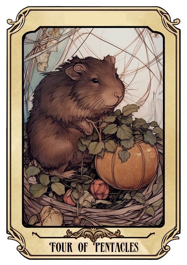 Four of Pentacles, a Tarot Pigs card