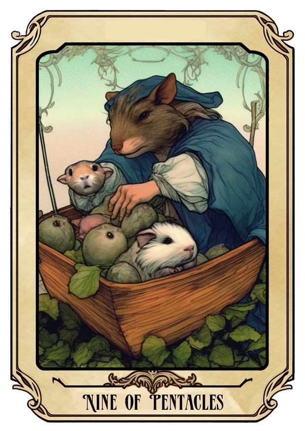 Nine of Pentacles, a Tarot Pigs card