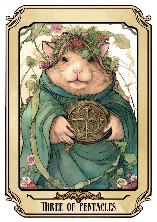 Three of Pentacles, a Tarot Pigs card